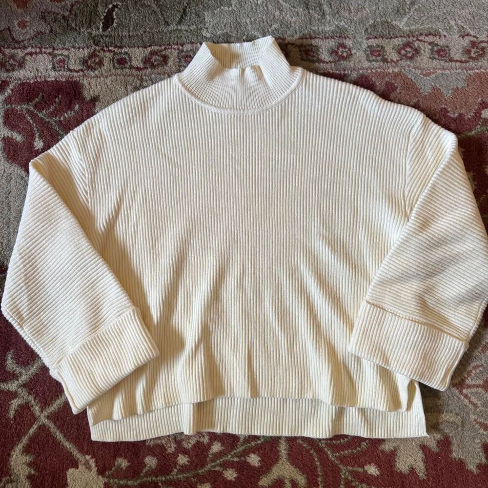 Mod Ref Ribbed Mock Neck Penny Cuffed Sweater S Cream Oversized Boxy Minimalist